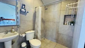 a bathroom with a toilet and a sink at Magic Mindo in Huamboya