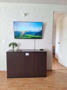 a flat screen tv hanging on a wall at Hermoso departamento cómodo in San Lorenzo Tetlixtac