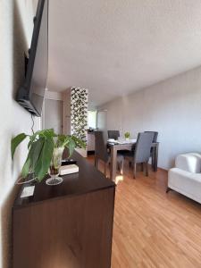 a living room with a kitchen and a dining room at Hermoso departamento cómodo in San Lorenzo Tetlixtac
