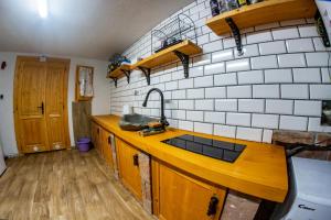 a kitchen with a sink and a counter top at Chata Geruša in Čebovce