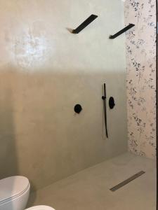 a bathroom with a toilet and a wall withweapons at Sa dommu de pedra in Santa Maria Navarrese