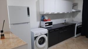 a small kitchen with a washing machine and a sink at White Apartment in Bîrlad