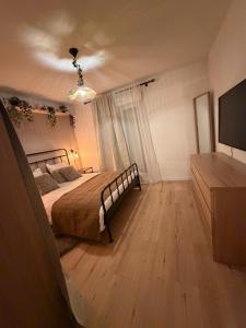 a bedroom with a bed and a flat screen tv at Thejungle in Freyming