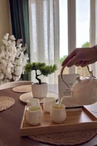 a tea set on a wooden tray with a tea kettle at Sakura Seaside -Expérience Japonaise en bord de mer in Argelès-sur-Mer