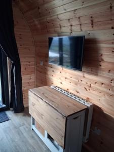 a room with a tv on a wooden wall at Hilltop Glamping in Ardara