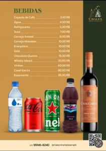 a menu of drinks and bottles of wine at Chalés Mirante da Serra PB in Serra da Raiz +23 photos