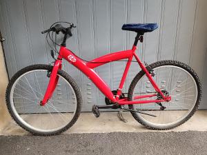 a red bike parked in front of a garage at Cozy Home Maison Cascina Amélie in Abbadia Lariana