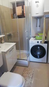 a bathroom with a toilet and a washing machine at Green Garden in Gajac