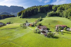 an aerial view of a house in a green field at Ferienwohnung Hoisenlehen in Marktschellenberg