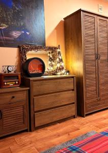 a room with a chest of drawers and a tv and a cabinet at Cozy Studio Apartment Pale in Pale