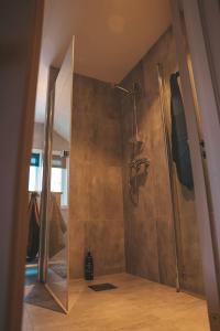 eine Dusche mit Glastür im Badezimmer in der Unterkunft Solyun in Hol
