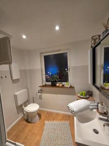 a bathroom with a toilet and a sink and a window at Mimos Ferienhaus in Meißendorf