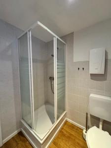 a shower stall in a bathroom with a toilet at Mimos Ferienhaus in Meißendorf