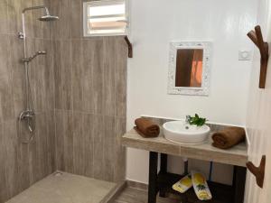 a bathroom with a sink and a shower at Rangiroa Reef Lodge in Rangiroa