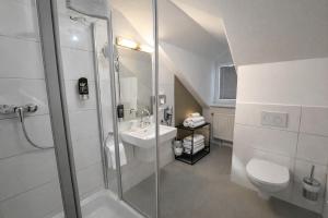 a bathroom with a shower and a toilet and a sink at Hotel Bayrischer Hof in Heidelberg +16 photos