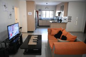 a living room with a couch and a tv at Twinhome Inn in Gaborone