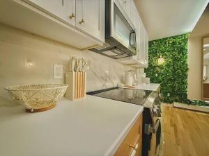 a kitchen with white counters and a green wall at Spring Rooms by Yale & Downtown in New Haven +21 photos