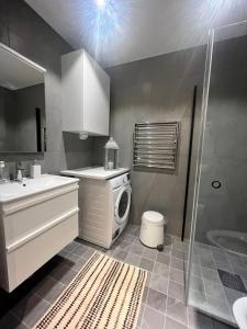 a bathroom with a washing machine and a sink at Nordic NOVA Studio in Stockholm +22 photos