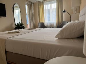 a large white bed in a room with windows at Ingrid Residence in Ocna-Mureşului