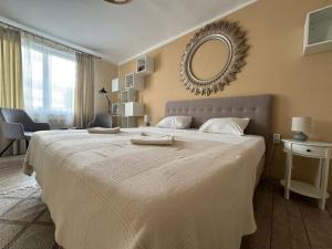 a bedroom with a large bed with a mirror on the wall at Ingrid Residence in Ocna-Mureşului
