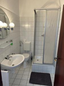 a bathroom with a sink and a toilet and a shower at Tanne Grand Palace in Alleringersleben