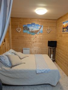 a bedroom with a bed in a wooden wall at Studio bois avec jardinet in Parentis-en-Born