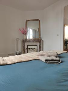a bed with a blue blanket and a mirror at Prestige Loft-Cinéma Privé-King Size-Parking Gratuit-5 min Aéroport Beauvais in Beauvais