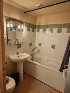 a bathroom with a sink and a tub and a toilet at La Bona Taula By A&J in Rochefort-Montagne +7 photos