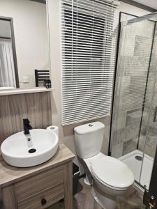 a bathroom with a toilet and a sink and a shower at Het mooiste plekje van het park in Kropswolde +19 photos