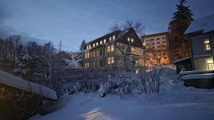 a large building with lights on in the snow at Penzion Adélka Janské Lázně in Janske Lazne