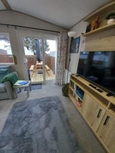a living room with a television and a sliding glass door at Boat 32 in Boat of Garten