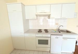 a white kitchen with white cabinets and a sink at Boddenhof Apartment 44 - Terrasse, Hund willkommen in Buschvitz +7 photos