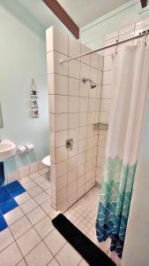 a bathroom with a shower with a shower curtain at Muri Lagoon Cottage in Rarotonga +26 photos