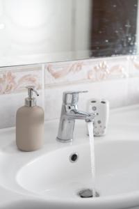 a bathroom sink with a soap dispenser on it at Azure Garden Retreat in Aigio +22 photos