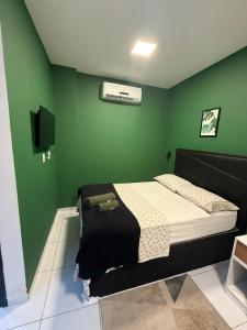 a bedroom with a bed with a green wall at Loft Dominguinhos in Campina Grande