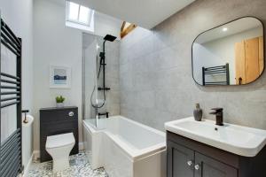 a bathroom with a sink and a toilet and a mirror at 4 Bed in Dinas Mawddwy oc-bow305 in Aber Cowarch