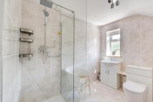 a bathroom with a shower and a toilet and a sink at 6 Bed in Barmouth oc-bow245 in Fairbourne +36 photos