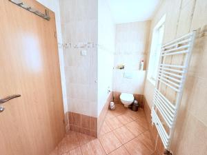 a bathroom with a shower and a toilet in it at Ferienhaus Carlo - renoviert 2025, top Lage, hundefreundlich in Glowe +14 photos