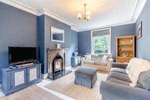 a blue living room with a fireplace and a tv at 4 Bed in Matlock Bath oc-r32432 in Matlock Bank