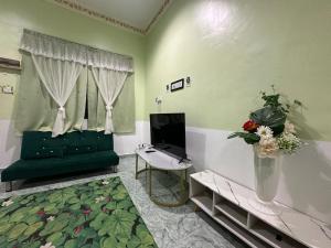a living room with a green couch and a television at Olive Cottage in Marang