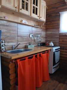 a kitchen with a sink and a stove at Cabaña Doña Loly in Olavarría +6 photos