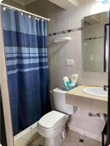 a bathroom with a toilet and a blue shower curtain at Apart Vientos Sureños 2 in Yacimiento Río Turbio