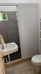 a bathroom with a shower with a sink and a toilet at Casa fraccionamiento colonos Ticuman in Ticumán +2 photos