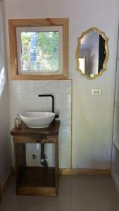 a bathroom with a sink and a mirror at Rukas Huinkaray in Pucón +17 photos