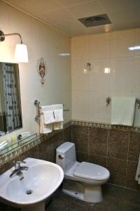 a bathroom with a sink and a toilet and a mirror at Tanan Center Serviced Apartments in Ulaanbaatar +43 photos