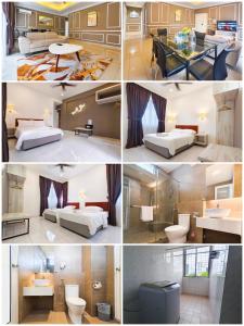 a collage of four pictures of a hotel room at 3 Concordia @ Gurney in George Town +264 photos