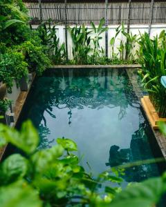 a swimming pool in a garden with green plants at Villa Sun - Boutique Hotel in Siem Reap