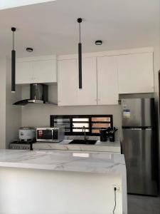 a kitchen with white cabinets and a stainless steel refrigerator at Lindelle Place Palawan in Puerto Princesa City
