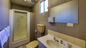 a bathroom with a sink and a toilet and a shower at BIG4 Barham Holiday Park in Barham +54 photos