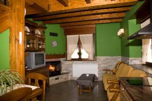 a living room with green walls and a fireplace at Casa Rural Gaztelubidea in Bernedo